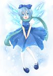  :d bad_id bad_pixiv_id between_thighs blue_eyes blue_hair bow cirno dress hair_bow kneehighs mary_janes open_mouth scarf shoes smile snowflakes socks solo tongue touhou upskirt v_arms wind wind_lift wings you_zasshoku 