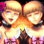  beatrice blonde_hair blue_eyes bow chain choker crazy_eyes dual_persona fangs flower kayu multiple_girls pink_bow rose tears umineko_no_naku_koro_ni 