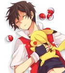  bad_id bad_pixiv_id black_hair closed_eyes fingerless_gloves gen_1_pokemon gloves male_focus navel no_hat no_headwear pikachu poke_ball poke_ball_(generic) pokemon pokemon_(creature) pokemon_(game) red_(pokemon) red_(pokemon_rgby) sleeping sonomura 