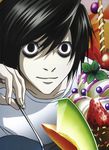  absurdres black_hair death_note food fruit highres ice_cream l_(death_note) male_focus pale_skin smile solo spoon sprinkles strawberry 