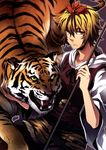  absurdres blonde_hair hair_ornament highres polearm rex_k shawl short_hair solo tiger toramaru_shou touhou weapon yellow_eyes 