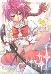  aikura_(twilight_dusk) alternate_costume anti-materiel_rifle bad_gun_anatomy blush bow braid darker_than_black dress face gloves gun hands magical_girl parody pink_hair ptrd-41 red_hair rifle sniper_rifle solo sparkle suou_pavlichenko weapon 