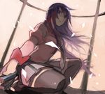  bakemonogatari fan leaf long_hair monogatari_(series) necktie purple_eyes purple_hair sarai senjougahara_hitagi short_hair skirt solo stapler thighhighs zettai_ryouiki 