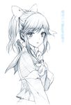  blush cuteg hair_ribbon hands love_plus monochrome ribbon school_uniform serafuku sketch solo takane_manaka 