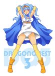  adjusting_hair blue_hair blush boots breasts cape circlet cleavage copyright_name dragon_quest dragon_quest_iii dress elbow_gloves full_body gloves large_breasts lento long_hair panties red_eyes sage_(dq3) smile solo standing underwear white_background 