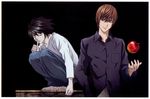  apple barefoot black_hair brown_hair death_note food fruit hand_in_pocket highres l_(death_note) multiple_boys scan scan_artifacts squatting yagami_light 