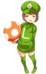  bad_id bad_pixiv_id child costume full_body genderswap genderswap_(mtf) green_eyes hat luigi mario_(series) masao mushroom solo standing super_mario_bros. super_mushroom thighhighs 