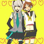  bad_id bad_pixiv_id brown_hair cosplay crossdressing hanamura_yousuke hatsune_miku hatsune_miku_(cosplay) headphones kagamine_rin kagamine_rin_(cosplay) male_focus midriff multiple_boys narukami_yuu otoko_no_ko persona persona_4 ribbon shigure_wasa short_hair skirt thighhighs twintails vocaloid 