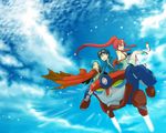  2boys blush flying goggles goggles_on_head kamina lagann long_hair looking_at_viewer mecha multiple_boys ponytail red_hair shima_tokio sidelocks simon sky tengen_toppa_gurren_lagann yoko_littner 