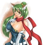  animal_ears breasts elbow_gloves glasses gloves green_hair judge_martin large_breasts long_hair original ponytail scarf solo white_gloves yellow_eyes 