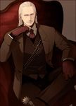  bandolier brown_background facial_hair gloves gobeur hand_up liquid_ocelot long_hair male_focus metal_gear_(series) metal_gear_solid mustache necktie old_man revolver_ocelot sitting smile solo spurs trench_coat white_hair 