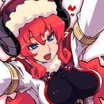 aries_mesarthim bad_id bad_pixiv_id blue_eyes breasts cleavage dameyo hat heart horns large_breasts long_hair lowres pointy_ears red_hair shinrabanshou solo tsurime 