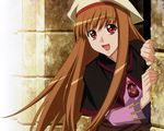  brown_hair cap hat holo horo long_hair red_eyes smile spice_and_wolf 
