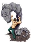  badge belt boulder_badge brown_hair commentary_request denim frown gen_1_pokemon geodude gym_leader gym_leader_badge jeans male_focus manly muscle nipples onix pants poke_ball pokemon pokemon_(creature) pokemon_(game) pokemon_rgby pose takeshi_(pokemon) yoruniyoruyoshi 