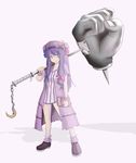  ao_usagi book bow chain clenched_hand crescent dress hair_bow hat long_hair no_nose patchouli_knowledge purple_eyes purple_hair short_dress smile solo touhou weapon wrist_cuffs 