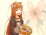  animal_ears ayakura_juu brown_hair flower highres holo horo long_hair red_eyes smile spice_and_wolf wolf_ears 