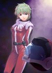  aina_saharin arms_behind_back bad_id bad_pixiv_id floating green_eyes green_hair gundam gundam_08th_ms_team helmet pilot_suit short_hair smile solo yaguchiya_tomoshi zero_gravity 