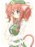  adjusting_eyewear animal_ears bespectacled blue_eyes braid breasts cat_ears glasses hong_meiling large_breasts long_hair lozelia red_hair solo touhou twin_braids 