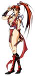  bare_hips bare_legs bare_shoulders breasts closed_fan fan fang fatal_fury folding_fan full_body japanese_clothes large_breasts long_hair long_legs looking_at_viewer ninja oobari_masami ponytail revealing_clothes shiranui_mai smile solo standing the_king_of_fighters 