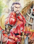  agahari armor barding beard duessel facial_hair fire_emblem fire_emblem:_seima_no_kouseki gauntlets grey_hair helmet horse male_focus manly multicolored_hair mustache purple_hair solo two-tone_hair 