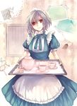  braid izayoi_sakuya maid munya red_eyes short_hair silver_hair solo touhou twin_braids 