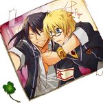  alternate_costume black_hair blonde_hair blue_eyes character_name clover flynn_scifo four-leaf_clover glasses grin long_hair male_focus multiple_boys penicillin school_uniform smile tales_of_(series) tales_of_vesperia yuri_lowell 