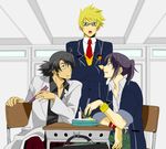  alternate_costume black_eyes black_hair blonde_hair bracelet classroom coat crossed_arms flynn_scifo food glasses green_eyes indoors jewelry kiriku_(nakuro) male_focus multiple_boys necktie ponytail raven_(tales) school_uniform tales_of_(series) tales_of_vesperia yuri_lowell 