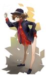  bottomless brown_eyes brown_hair cup curly_hair fedora formal gloves hands hat highres leaning_forward legs nansui_kinoko necktie short_hair solo suit tantei_monogatari 