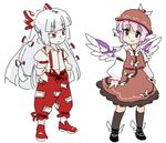  animal_ears blush_stickers dress fujiwara_no_mokou hair_ribbon hands_in_pockets hat kneehighs long_hair long_sleeves mitsumoto_jouji multiple_girls mystia_lorelei pants pink_hair purple_eyes red_eyes ribbon shirt shoes short_hair silver_hair simple_background sleeves_rolled_up smile socks suspenders touhou white_shirt winged_shoes wings younger 