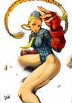  2c ahoge blonde_hair blue_eyes blue_leotard braid cammy_white fingerless_gloves garrison_cap gloves hat highres huge_ahoge leotard long_hair perspective solo street_fighter street_fighter_zero_(series) thighs twin_braids very_long_hair 