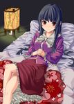  bangs bed black_hair blanket blouse blunt_bangs blush brown_eyes candle colored_eyelashes crossed_legs dutch_angle floral_print frilled_shirt frilled_skirt frills from_above hands_clasped highres hime_cut houraisan_kaguya indoors interlocked_fingers lantern light_smile long_hair long_sleeves looking_at_viewer lying on_back on_bed own_hands_together paper_lantern shirt skirt smile solo tatami touhou unasaka_ryou very_long_hair wide_sleeves 