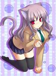  animal_ears bad_id bad_pixiv_id cardigan cat_ears cat_tail highres kneeling long_hair necktie original paw_pose pleated_skirt red_eyes skirt solo tail thighhighs tsukumiya_amane tsurime 