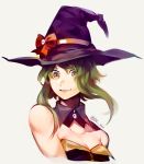  bare_shoulders bow breasts brown_eyes cleavage commentary_request detached_collar green_hair grey_background gumi halloween_costume hat highres idk-kun looking_at_viewer orange_bow parted_lips purple_hat short_hair_with_long_locks sidelocks simple_background smile solo twitter_username upper_body vocaloid wing_collar witch_hat 