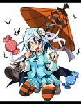  :p bad_id bad_pixiv_id blue_hair food_themed_clothes halloween kotomuke_fuurin one_eye_closed red_eyes short_hair solo striped striped_legwear tatara_kogasa thighhighs tongue tongue_out touhou umbrella 