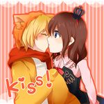  1girl animal_ears az_(shotatteiiyone) bad_id bad_pixiv_id bow crown hetero kiss sakutarou scarf surprised umineko_no_naku_koro_ni ushiromiya_maria 