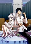  1girl bad_id bad_pixiv_id barefoot bed book bottomless darker_than_black digital_media_player dress_shirt earbuds earphones feet glasses hands hei ipod ponytail rakuto_mangan shirt single_earphone_removed sitting white_hair yin 