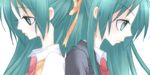  back-to-back green_eyes green_hair higurashi_no_naku_koro_ni ico_(pekoguest) multiple_girls ribbon siblings sisters sonozaki_mion sonozaki_shion twins 