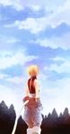  blonde_hair celestial_s cloud day final_fantasy final_fantasy_ix forest from_behind highres male_focus nature ponytail sky sleeveless solo tail translation_request zidane_tribal 