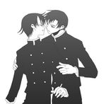  2boys arm_grab doumeki_shizuka eye_contact from_behind glasses grab grabbing hug hug_from_behind incipient_kiss kiss looking_at_another looking_back lowres male male_focus monochrome multiple_boys school_uniform serious short_hair surprised watanuki_kimihiro xxxholic yaoi 