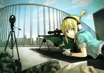  ai_arctic_warfare blonde_hair bolt_action ear_protection gloves gou_(double_trigger) green_eyes gun headphones highres iris_(material_sniper) looking_at_viewer material_sniper ponytail pov railing range_finder rifle scope short_ponytail sleeves_rolled_up sniper_rifle sniper_team weapon 