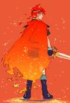  artist_request boots cape fire_emblem fire_emblem:_fuuin_no_tsurugi gloves headband male_focus orange_(color) orange_background red_hair roy_(fire_emblem) sketch solo sword weapon 