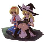  alice_margatroid bad_id bad_pixiv_id blonde_hair braid hairband hat highres kirisame_marisa long_hair manga_(object) multiple_girls namabanana short_hair touhou witch_hat yellow_eyes 