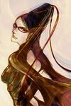  back bayonetta bayonetta_(character) black_hair bodysuit com_(pixiv243822) glasses hair_bun long_hair looking_back mole red_ribbon ribbon suimin_busoku 