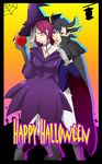  1girl apple black_hair blush brown_eyes cape choker elbow_gloves fangs fingerless_gloves food fruit fudou_yuusei gloves halloween izayoi_aki jewelry necklace payana red_eyes red_hair short_hair vampire witch yuu-gi-ou yuu-gi-ou_5d's 