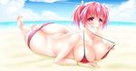  ass bare_shoulders barefoot beach bikini blush bow bra bracelet breast_press breasts butt_crack cleavage gradient gradient_background grin hair_ribbon huge_ass huge_breasts jewelry looking_at_viewer lying ocean original panties pink_hair purple_eyes ribbon shiny shiny_skin shirouzu_myuuta short_hair smile solo swimsuit twintails underwear 