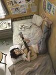  acoustic_guitar asian barefoot bug butterfly capri_pants crossed_legs evokid feet guitar happy insect instrument legs_up messy_hair music original pants playing_instrument poster_(object) realistic room sheet_music shirt smile soles t-shirt toes underwear 