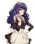  alternate_costume apron blush brown_eyes enmaided flower hair_flower hair_ornament hand_on_hip long_hair looking_at_viewer maid maid_headdress masaki_(celesta) ootori_chacha open_mouth purple_hair smile solo tokyo_7th_sisters wavy_hair 