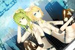 back-to-back belt black_gloves blonde_hair blue_eyes building enpitsu gloves goggles goggles_on_head green_eyes green_hair gumi hair_ornament hairclip hand_behind_head highres invisible_(vocaloid) kagamine_rin legs looking_at_viewer midriff multiple_girls shorts sitting smile thighhighs thighs torn_clothes torn_hair_ribbon torn_legwear vocaloid 