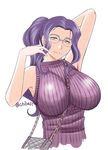  arm_up armpits bag between_breasts breasts brown_eyes chiba_shuusaku glasses handbag impossible_clothes impossible_sweater kyuujou_lovers large_breasts long_hair mature mole mole_under_mouth motomachi_shouko over-rim_eyewear ponytail purple_hair ribbed_sweater semi-rimless_eyewear sidelocks smile solo strap_cleavage sweater sweater_vest upper_body 