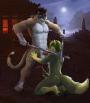  2015 anthro badcoyote balls canine cougar cum cumshot feline fellatio forced kneeling male male/male mammal melee_weapon nipple_piercing nipples nude oral orgasm penis piercing sex sword weapon 